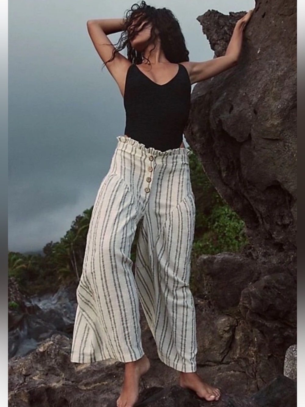 Free People Boho Poppy White Gray Striped Pleated Wide Leg Pants